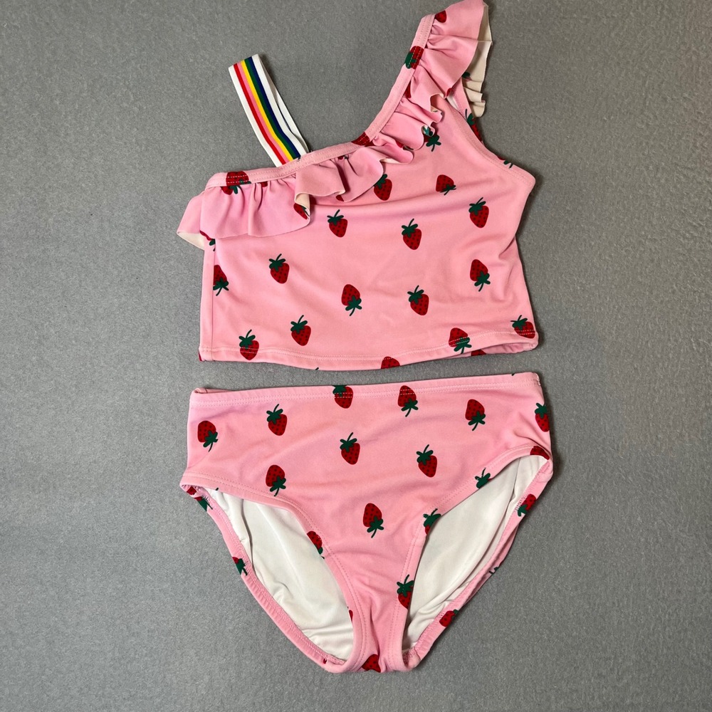 Hanna Andersson Girls Pink Strawberry One Shoulder Tankini Swimsuit Size 6-7